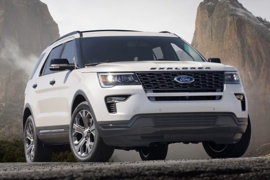 Image of a white 2020 Ford Explorer SUV parked in front of mountains.